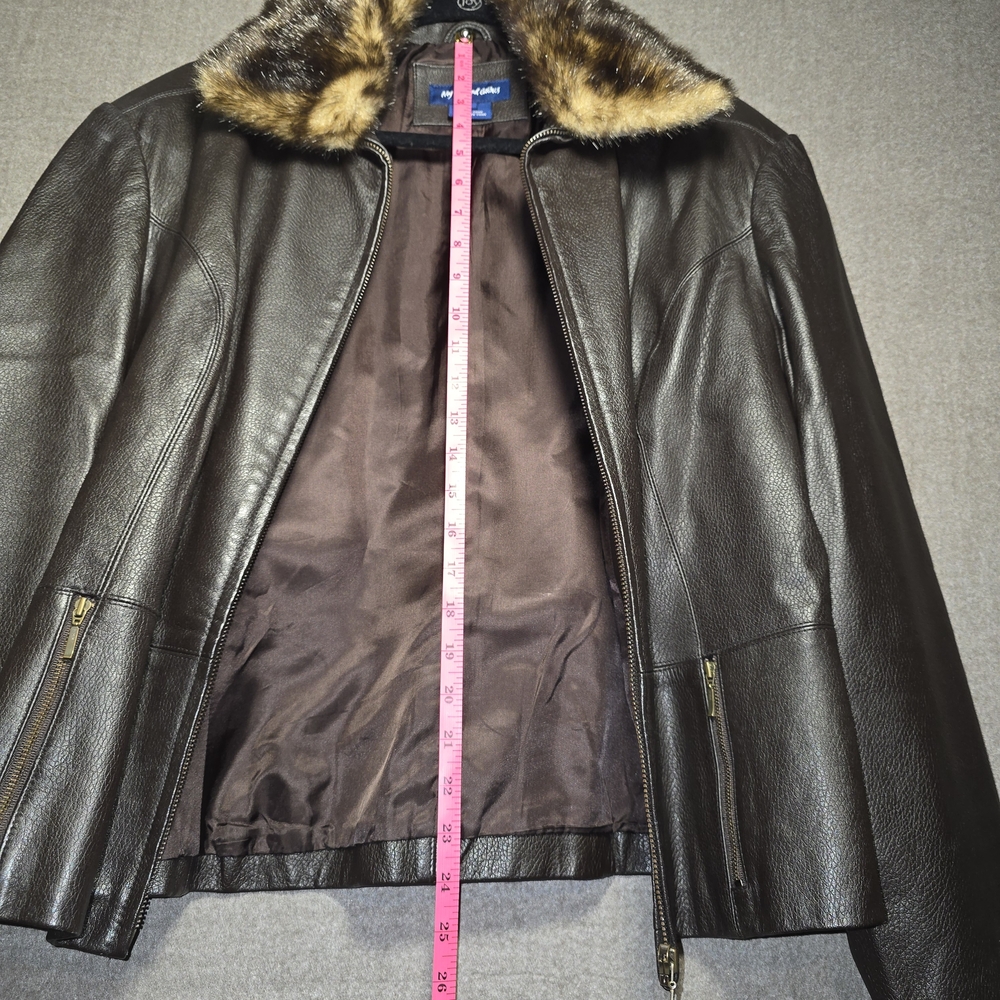 My Weekend Clothes Brown Leather Jacket Removeable Faux Fur Collar Size Large - Picture 14 of 16